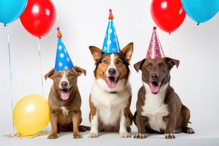Dogs with party hats and balloons celebrate life on white  background. Generative AIの素材