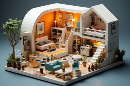 Revealing Miniature Dwelling: 3D Mini House with  Open Wall, Exposing Interior Furniture. Generative AIの素材