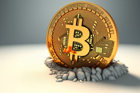 Bitcoin Treasure Unearthed: Bitcoin Coin Embedded in  the Ground of a Gold Mine. Generative AIの素材