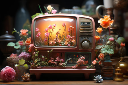 Blossoming Broadcast: Stylish Pink Television Emitting an Abundance of Flowers and Leaves.  Generative AIの素材