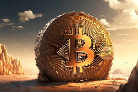 Bitcoin Treasure Unearthed: Bitcoin Coin Embedded in  the Ground of a Gold Mine. Generative AIの素材