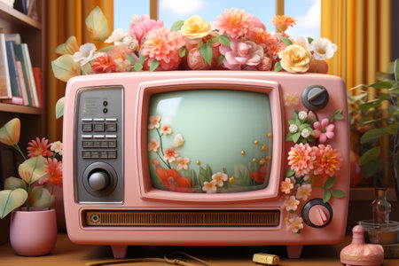 Blossoming Broadcast: Stylish Pink Television Emitting an Abundance of Flowers and Leaves.  Generative AIの素材
