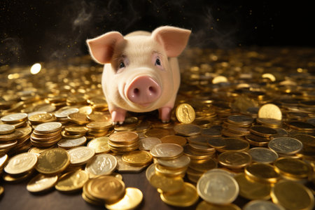 Wealthy Swine: Pig  Lounging on a Heap of Coins. Generative AIの素材