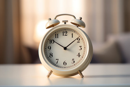 Wake-Up Call: Alarm Clock on a White Table Near the Bed.  Generative AIの素材