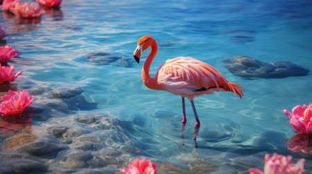 Graceful Waters:  Flamingo in the Water with Pink Flowers. Generative AIの素材