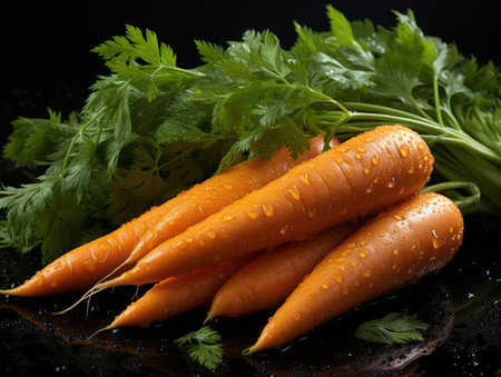 Vibrant Harmony: Carrots with Lively Orange and Green on a  Dark Background. Generative AI"の素材