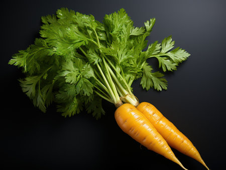 Vibrant Harmony: Carrots with Lively Orange and Green on a  Dark Background. Generative AI"の素材
