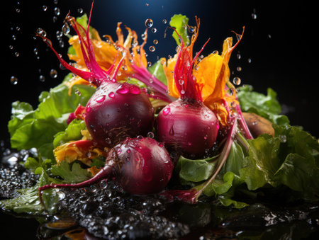 Vivid Contrasts: Beetroot with Vibrant Green and Purple  Hues. Generative AIの素材