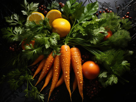 Vibrant Harmony: Carrots with Lively Orange and Green on a  Dark Background. Generative AI"の素材