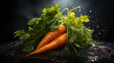 Vibrant Harmony: Carrots with Lively Orange and Green on a  Dark Background. Generative AI"の素材