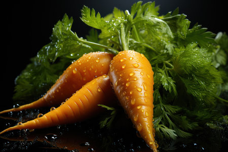 Vibrant Harmony: Carrots with Lively Orange and Green on a  Dark Background. Generative AI"の素材