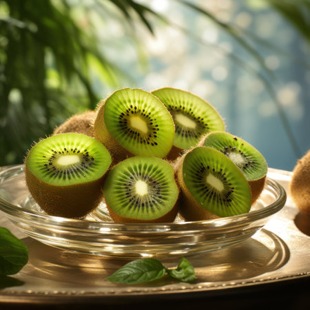 Fresh Delights: Sliced Kiwis in a Bowl amidst  a Natural Setting - Generative AIの素材