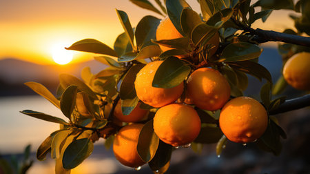 Radiant Citrus: Oranges and Orange Leaf with  Beautiful Light - Generative AIの素材