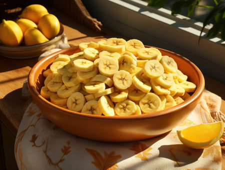 Natural Light Delights: Sliced Bananas in a Bowl on a  Background with Natural Light - Generative AIの素材