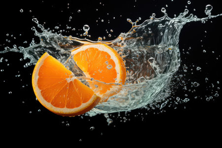 Dynamic Citrus Splash: Orange with Water and Juice on a  Dark Background - Generative AIの素材