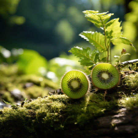 Natural Beauty: Cut Kiwi on Soil with Beautiful  Natural Light. Generative Aiの素材