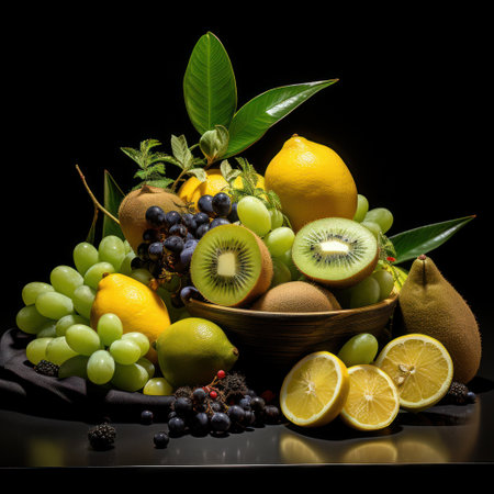 Exquisite Fruit Basket: Kiwi, Grape, Orange, and Lemon  on a Dark Background - Generative AIの素材