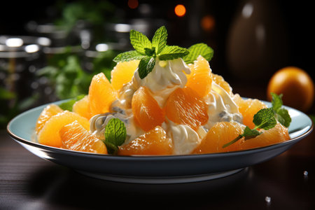 Radiant Citrus: Oranges and Orange Leaf with  Beautiful Light - Generative AIの素材