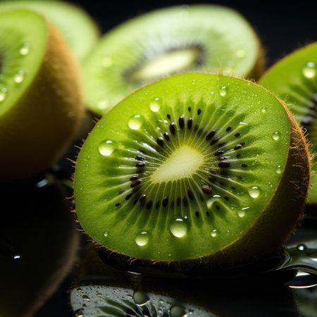 Refreshing Delight: Splashing Water Drops  on a Cut Kiwi. Generative Aiの素材