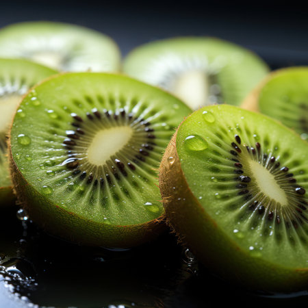 Refreshing Delight: Splashing Water Drops  on a Cut Kiwi. Generative Aiの素材