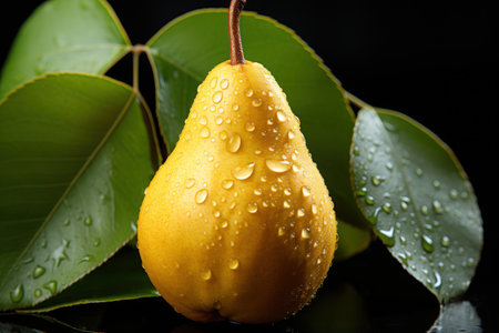 Elegant Pear Drops: Pears with Water Droplets on a Black Background  with Leaves - Generative AIの素材