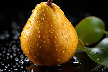Elegant Pear Drops: Pears with Water Droplets on a Black Background  with Leaves - Generative AIの素材