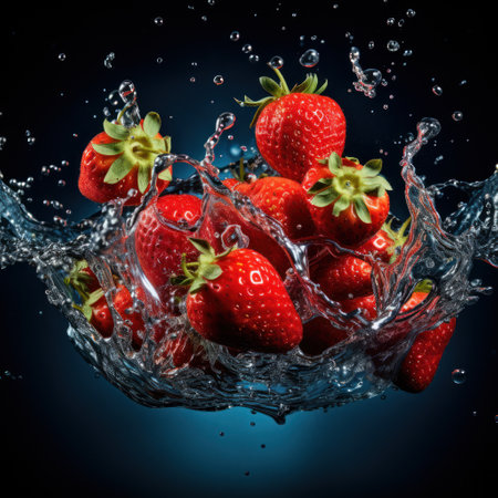 Captivating Strawberry Splash: Water Droplets on a  Strawberry - Generative AIの素材