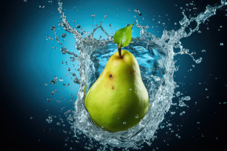 Dynamic Pear Splash: Pear on a Dark Background  with Water - Generative AIの素材