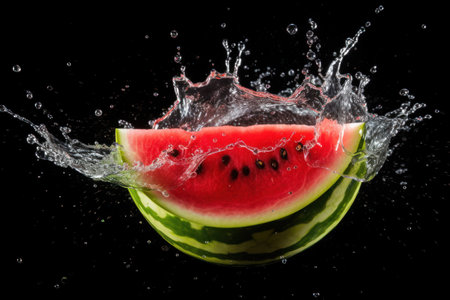Dynamic Watermelon Splash: Watermelon  on a Dark Background with Water Splash - Generative AIの素材