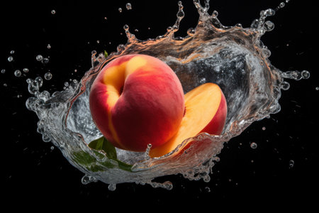 Dramatic Peach Splash: Peach on a Dark Background with  Water Splash - Generative AIの素材