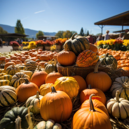 Serene Pumpkin Patch: Pumpkin Field under Blue Sky with  Natural Light - Generative AIの素材