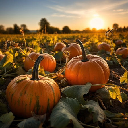 Serene Pumpkin Patch: Pumpkin Field under Blue Sky with  Natural Light - Generative AIの素材