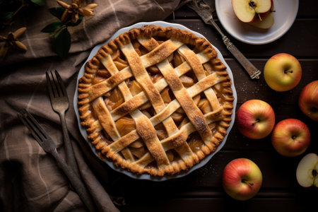 Delicious Apple Pie: Beautifully Presented on a Table  with Ingredients Nearby - Generative AIの素材