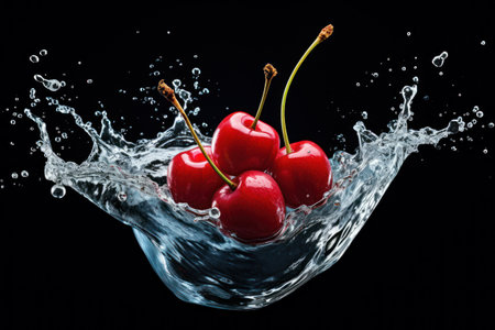 Dynamic Cherry Splash: Cherry on a Dark Background with  Water  Splash - Generative AIの素材