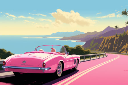 The Pink Caravan: A Delightful Illustration of a Pink Car in a Rosy Wonderland. Generative AIの素材