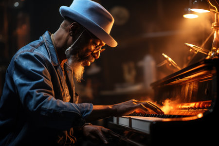 Soulful Serenade: Black Man Playing Piano on a Beautiful Background. Generative AIの素材