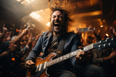 Electrifying Rhythms: Man Playing Electric Guitar on a Gorgeous Background. Generative AIの素材