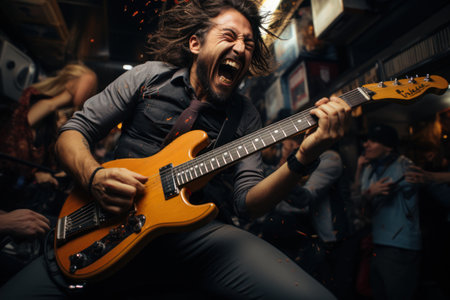 Electrifying Rhythms: Man Playing Electric Guitar on a Gorgeous Background. Generative AIの素材