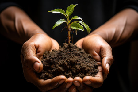 Nurturing Growth: Hand Holding Soil with a Sprouting Seedling. Generative AIの素材