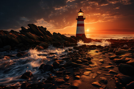 Magnificent Lighthouse with Marvelous Light. Generative AI"の素材