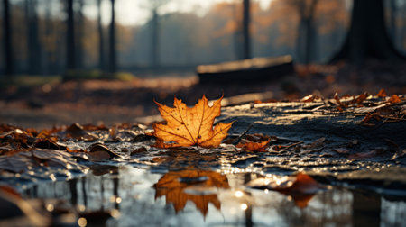 Autumn's Essence: A Beautiful Dry Leaf Resting on the Ground. Generative AIの素材