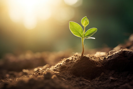Life's Cycle: A Seedling Emerging from Earth in a Captivating. Generative AIの素材