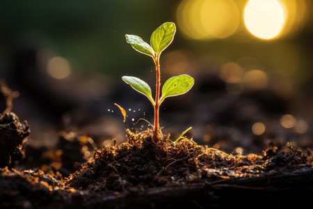 Life's Cycle: A Seedling Emerging from Earth in a Captivating. Generative AIの素材