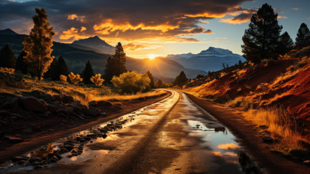 Infinite Horizons: Sunset Road  tretching Beyond. Generative AIの素材
