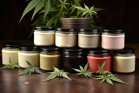 Green Leaf Cannabis  meets White Cream Jar: Tabletop Elegance. Generative AIの素材
