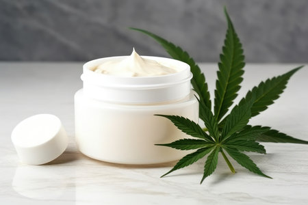 Green Leaf Cannabis  meets White Cream Jar: Tabletop Elegance. Generative AIの素材