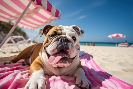 Dog Laid-Back Bulldog: Unwinding on Vacation on  the beach. Generative AIの素材