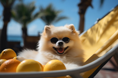 Dog  Laid-Back Pomerania Unwinding on Vacation on the beach. Generative AIの素材