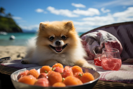Dog  Laid-Back Pomerania Unwinding on Vacation on the beach. Generative AIの素材