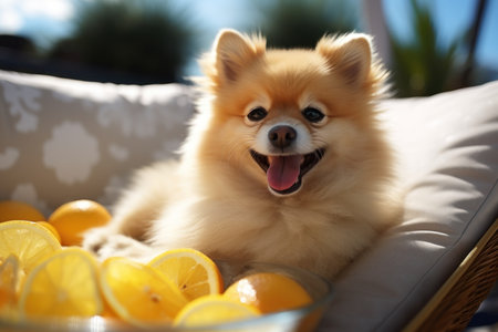 Dog  Laid-Back Pomerania Unwinding on Vacation on the beach. Generative AIの素材